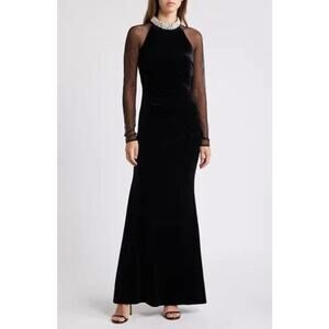 Eliza J Embellished Ruched Long Sleeve Velvet Gown in Black - Size 8